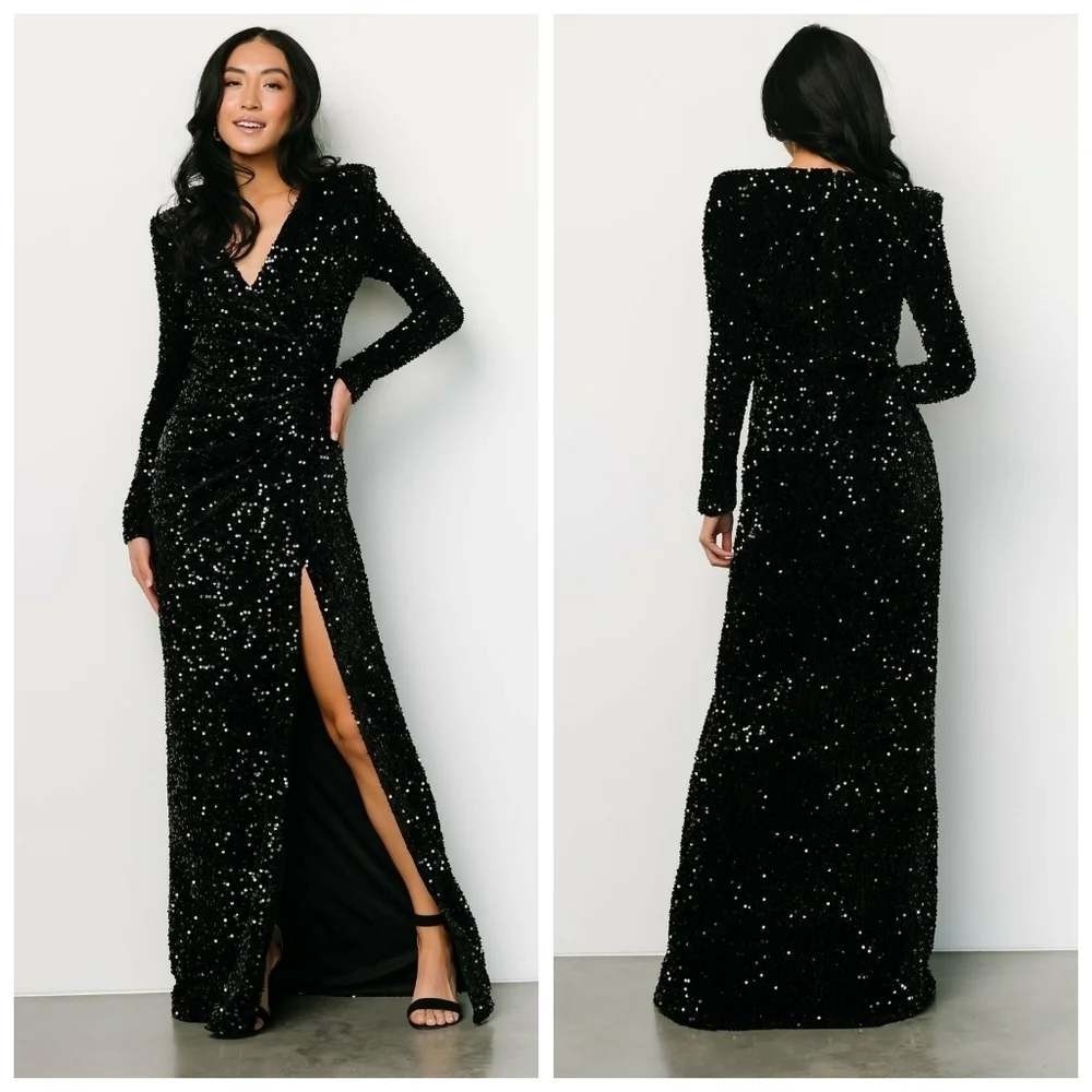 Baltic Born Madonna Sequin Maxi Dress Medium Black Long Sleeve Wrap V-Neck NWT